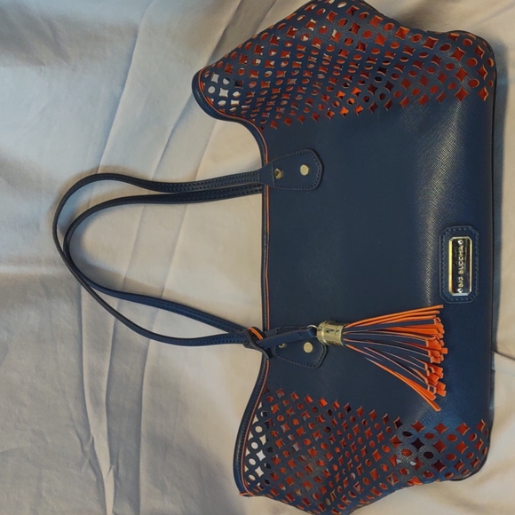 Big Buddha Navy/Orange Perforated Vegan Leather Tote - Picture 2 of 16